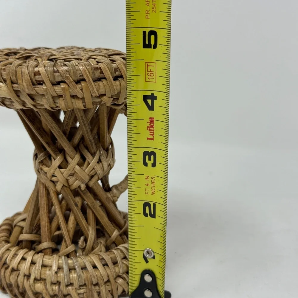Vintage Miniature Wicker Rattan‎ Hourglass Stool Handle Plant Stand Brown 4.25in